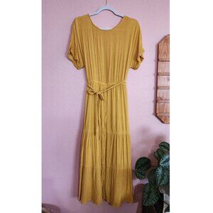 BB Dakota Mustard Yellow Boho Crinkle Belted Maxi Dress Size L